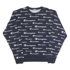 CHAMPION Mens Navy Blue All Over Logo Crew Neck M Cotton Blend Sweatshirt