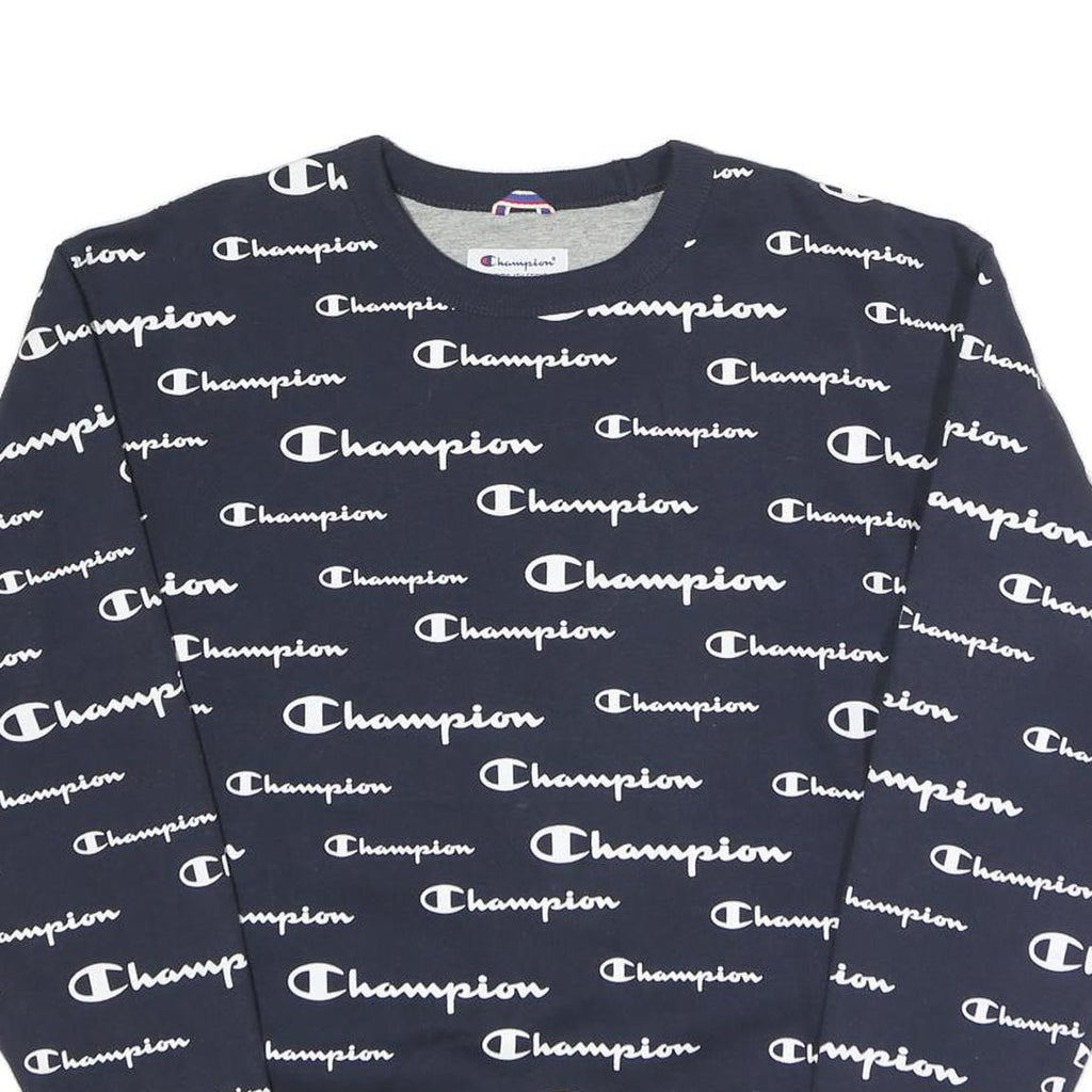 CHAMPION Mens Navy Blue All Over Logo Crew Neck M Cotton Blend Sweatshirt