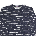 CHAMPION Mens Navy Blue All Over Logo Crew Neck M Cotton Blend Sweatshirt