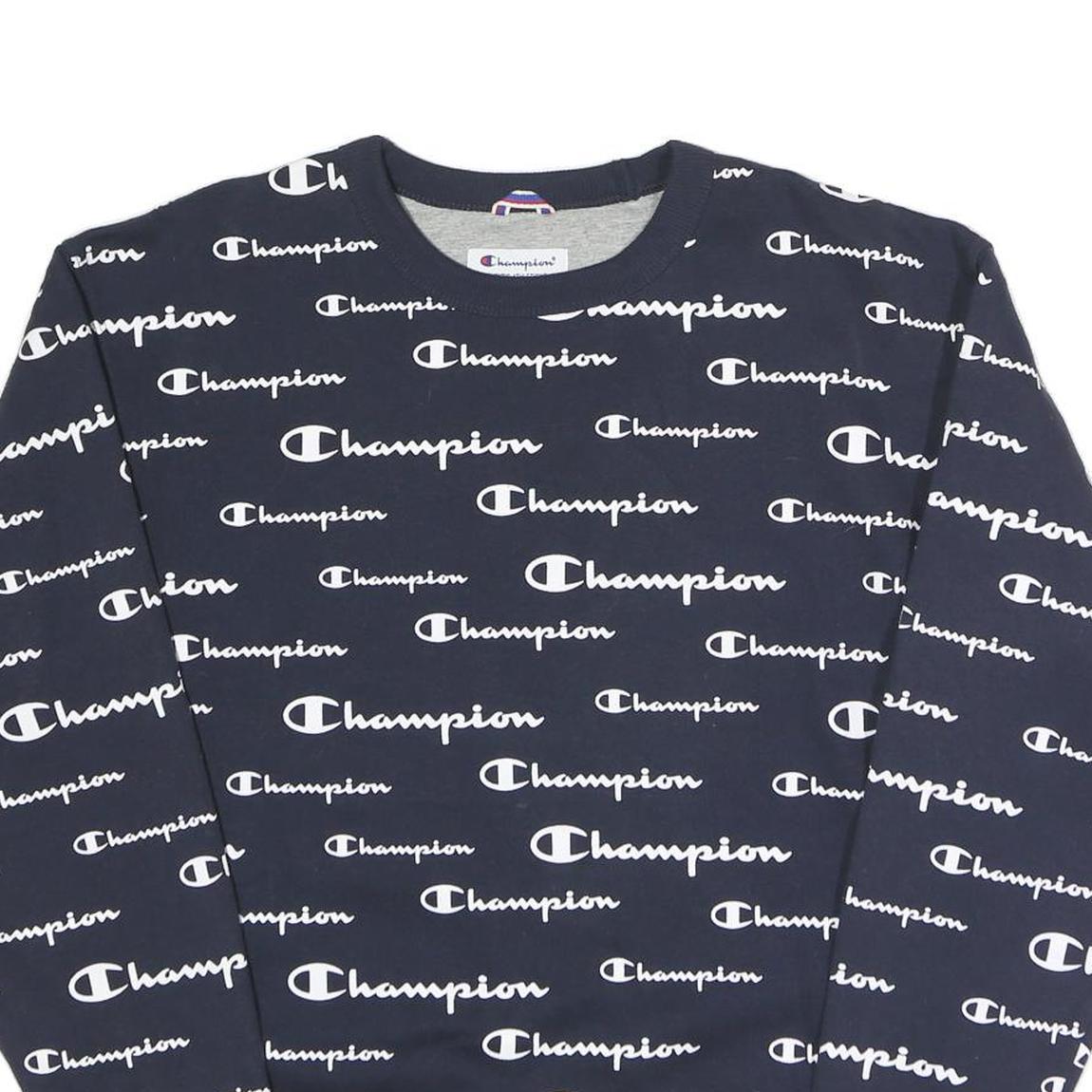 CHAMPION Mens Navy Blue All Over Logo Crew Neck M Cotton Blend Sweatshirt
