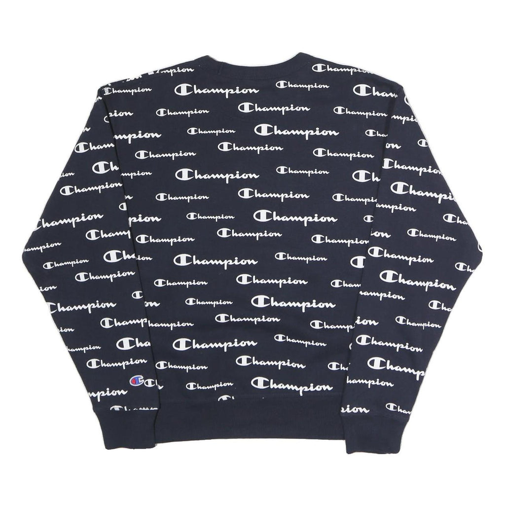 CHAMPION Mens Navy Blue All Over Logo Crew Neck M Cotton Blend Sweatshirt