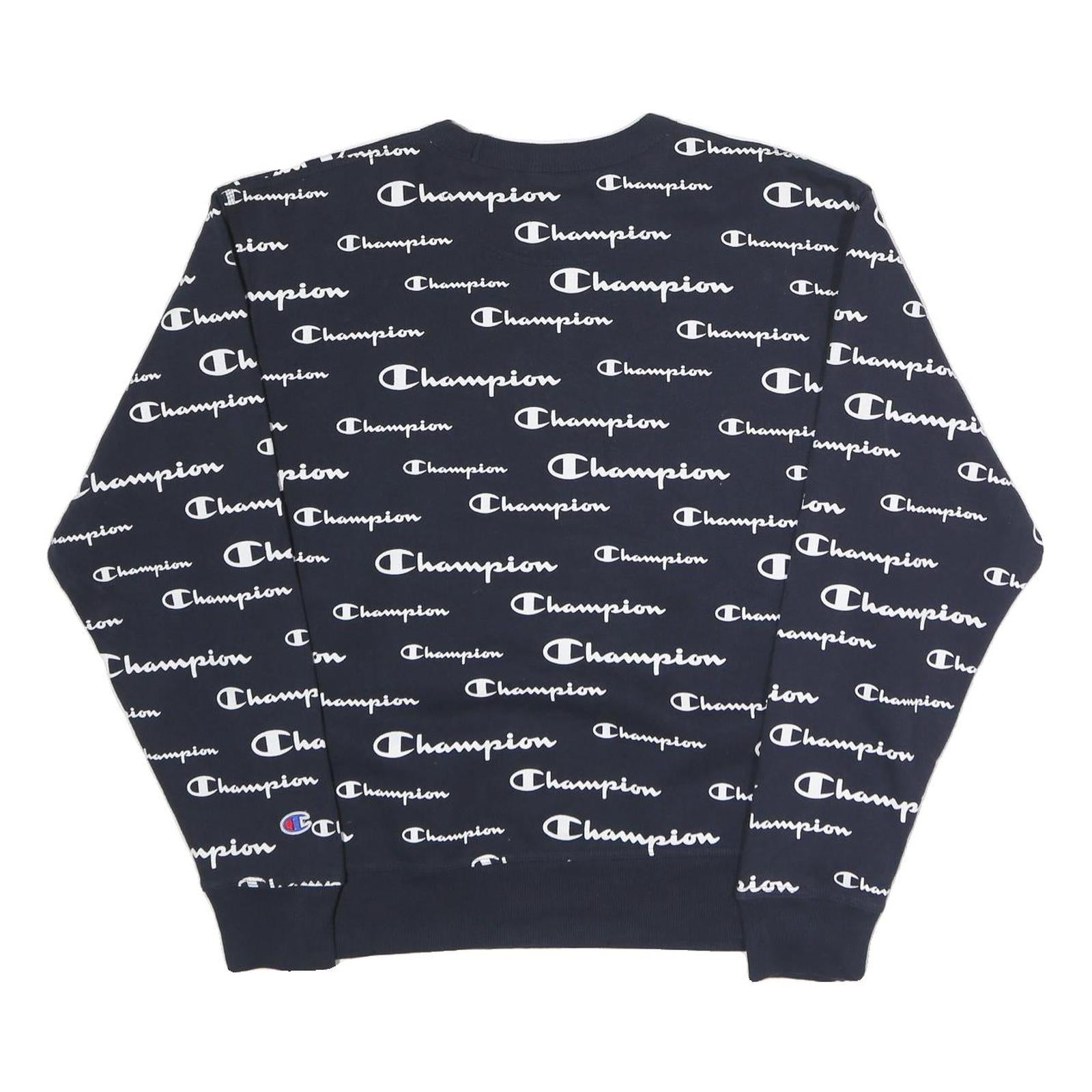 CHAMPION Mens Navy Blue All Over Logo Crew Neck M Cotton Blend Sweatshirt