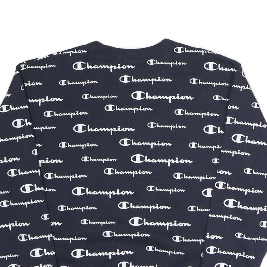 CHAMPION Mens Navy Blue All Over Logo Crew Neck M Cotton Blend Sweatshirt