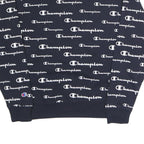 CHAMPION Mens Navy Blue All Over Logo Crew Neck M Cotton Blend Sweatshirt