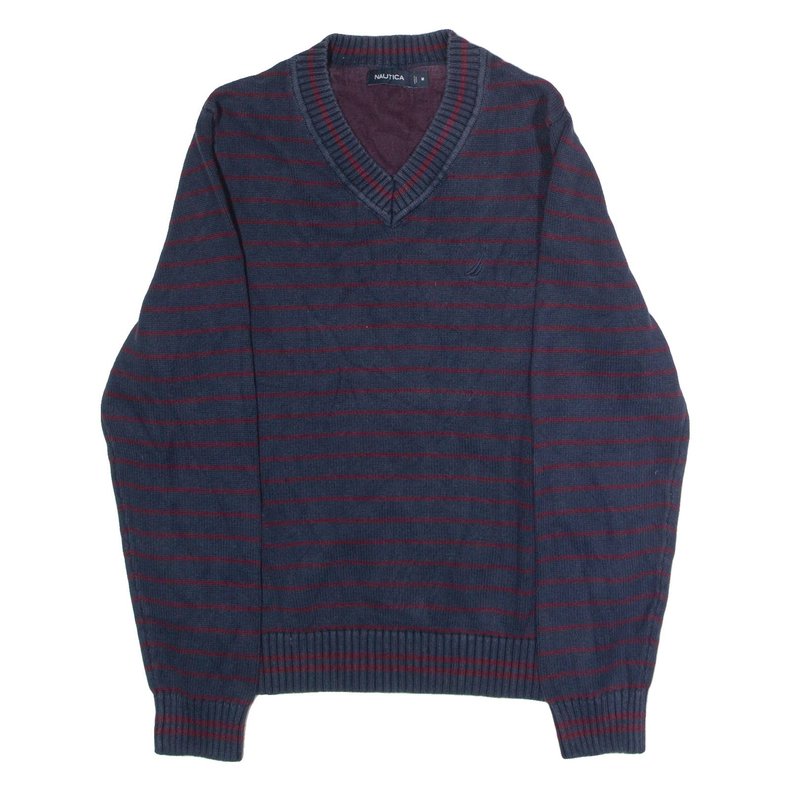 NAUTICA Mens Patterned Jumper Blue Striped V-Neck Chunky Knit M