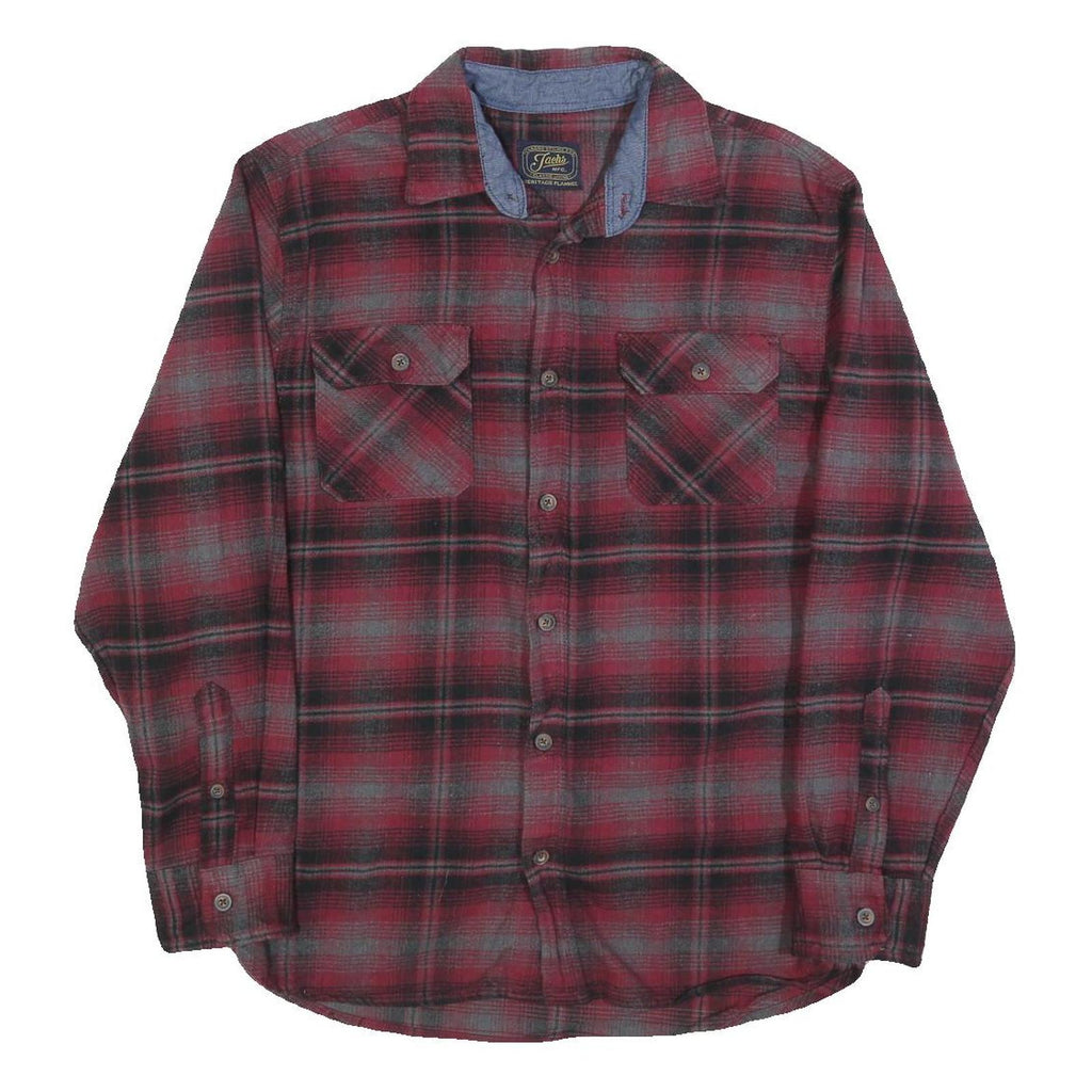 JACHS Mens Red & Grey Check Shirt L Cotton Blend Flannel Classic Button Up