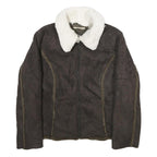 LL BEAN Womens Brown Faux Suede Zip Jacket M Sherpa Collar Warm Winter