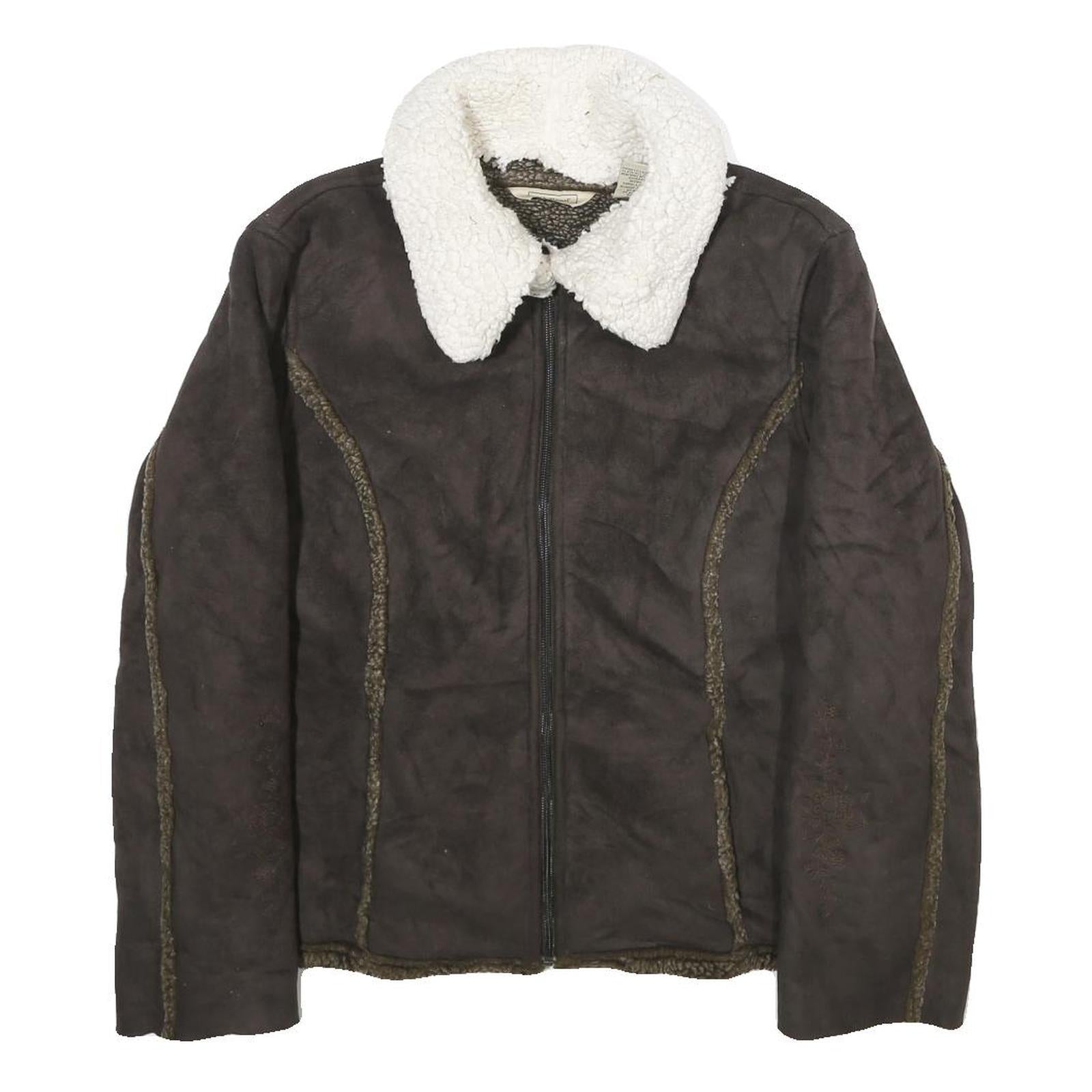 LL BEAN Womens Brown Faux Suede Zip Jacket M Sherpa Collar Warm Winter