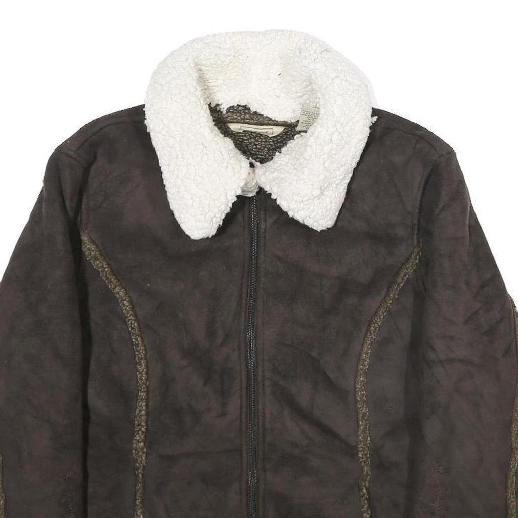 LL BEAN Womens Brown Faux Suede Zip Jacket M Sherpa Collar Warm Winter