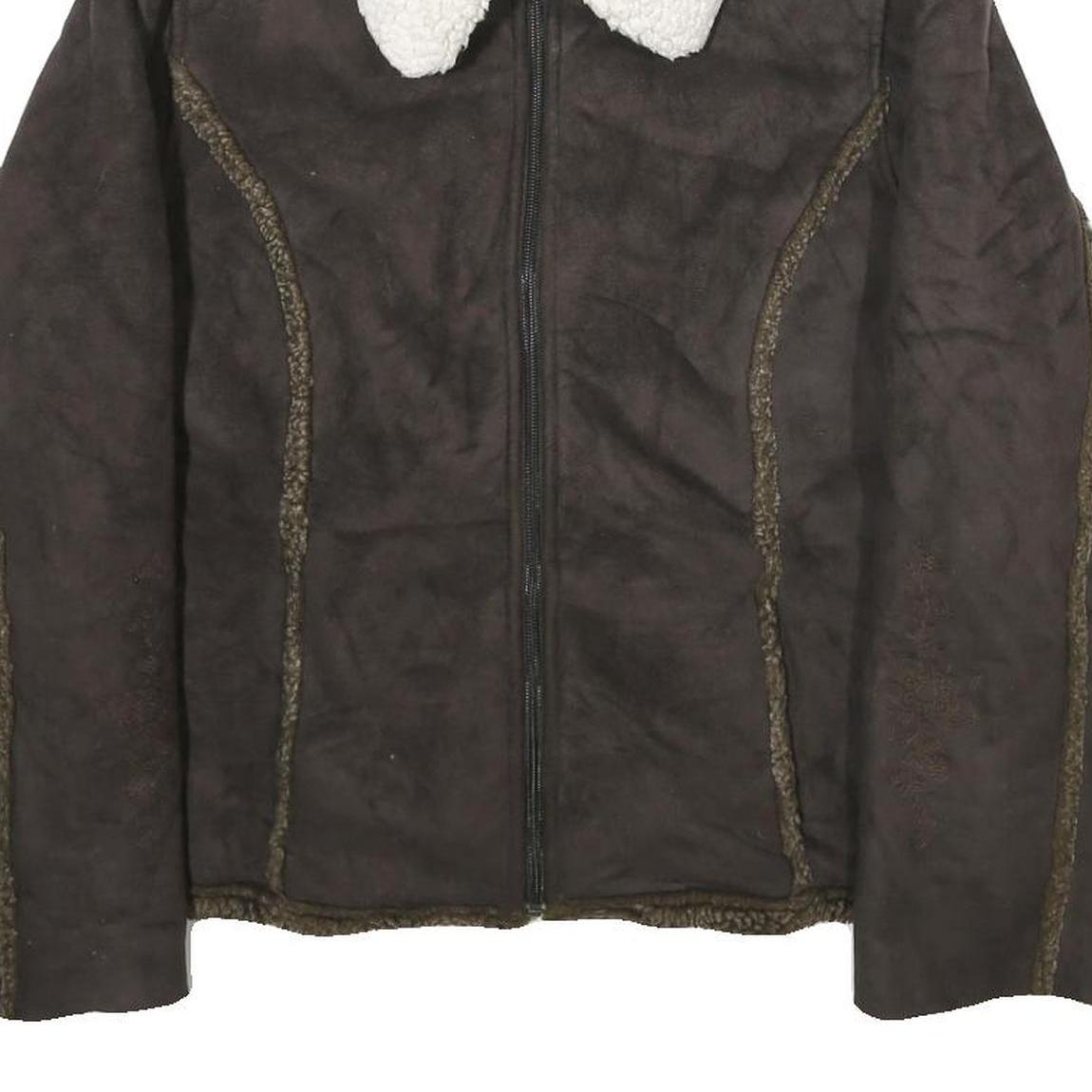 LL BEAN Womens Brown Faux Suede Zip Jacket M Sherpa Collar Warm Winter