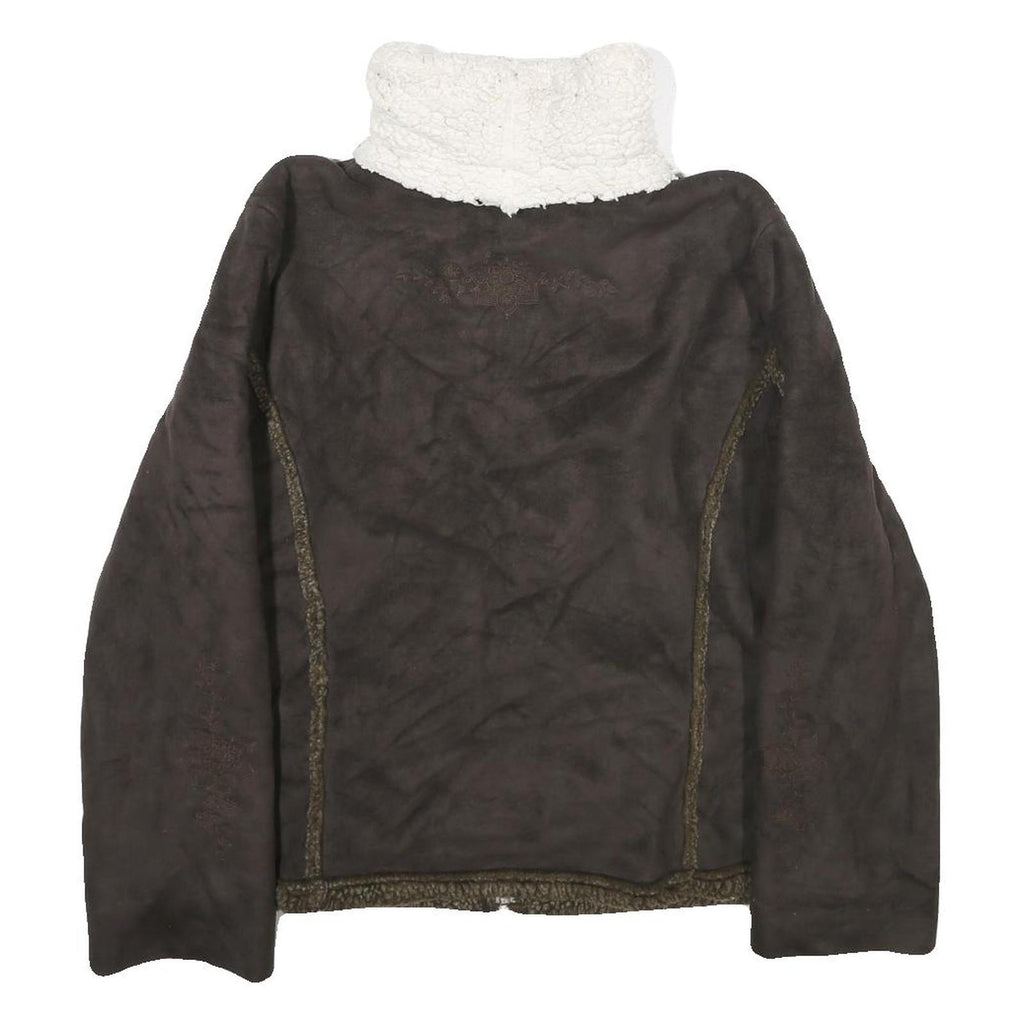 LL BEAN Womens Brown Faux Suede Zip Jacket M Sherpa Collar Warm Winter