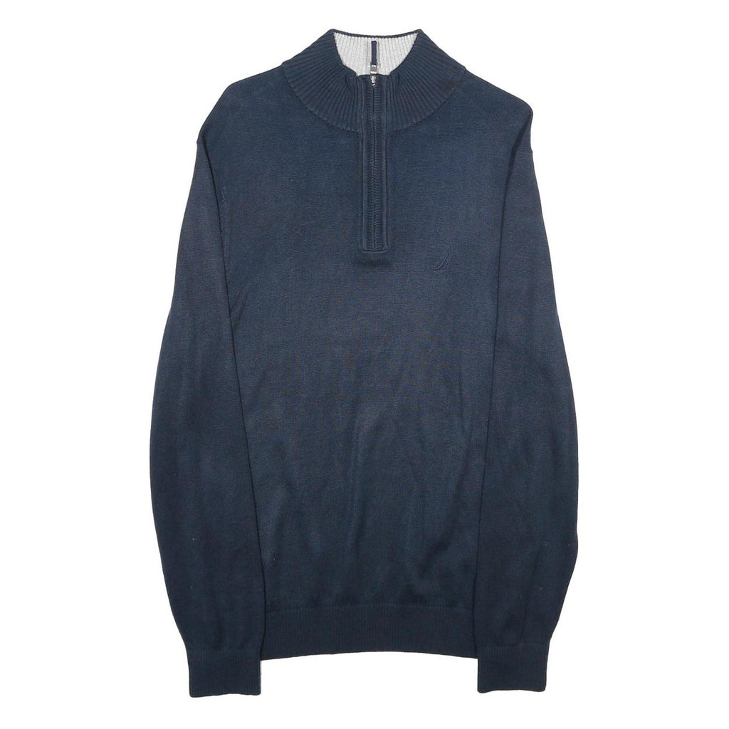 NAUTICA Mens Navy Blue Pullover Jumper Cotton Blend Quarter Zip Rib Knit M