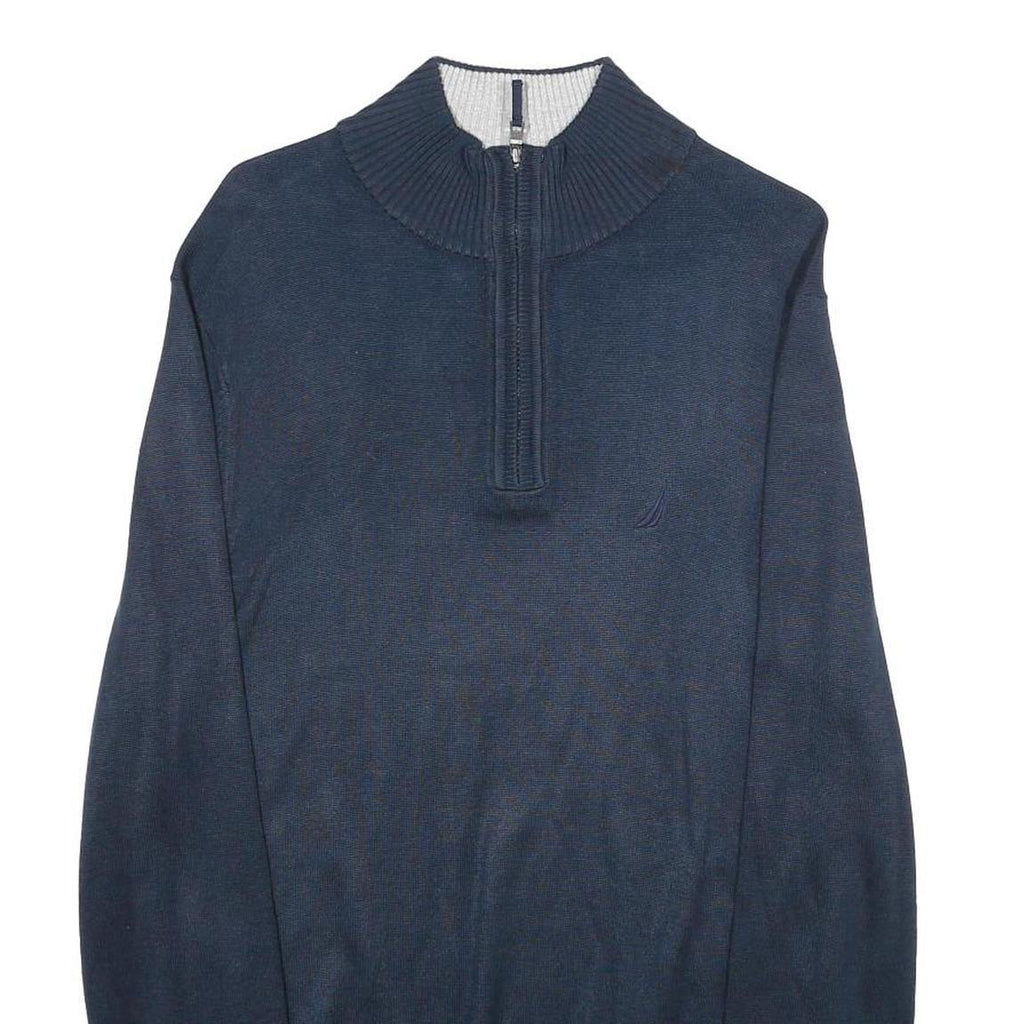 NAUTICA Mens Navy Blue Pullover Jumper Cotton Blend Quarter Zip Rib Knit M