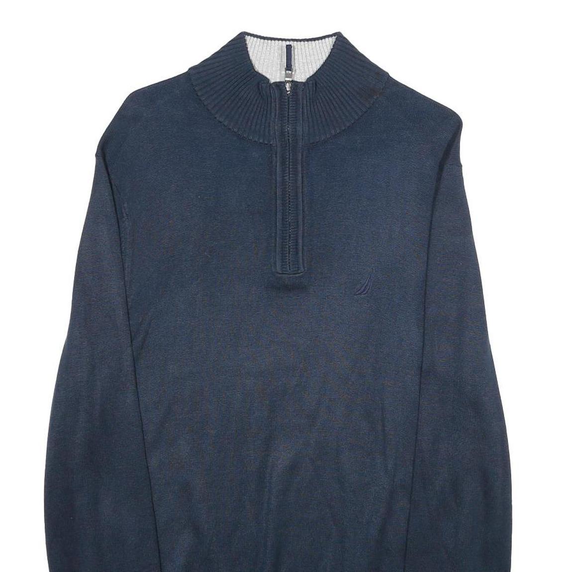 NAUTICA Mens Navy Blue Pullover Jumper Cotton Blend Quarter Zip Rib Knit M