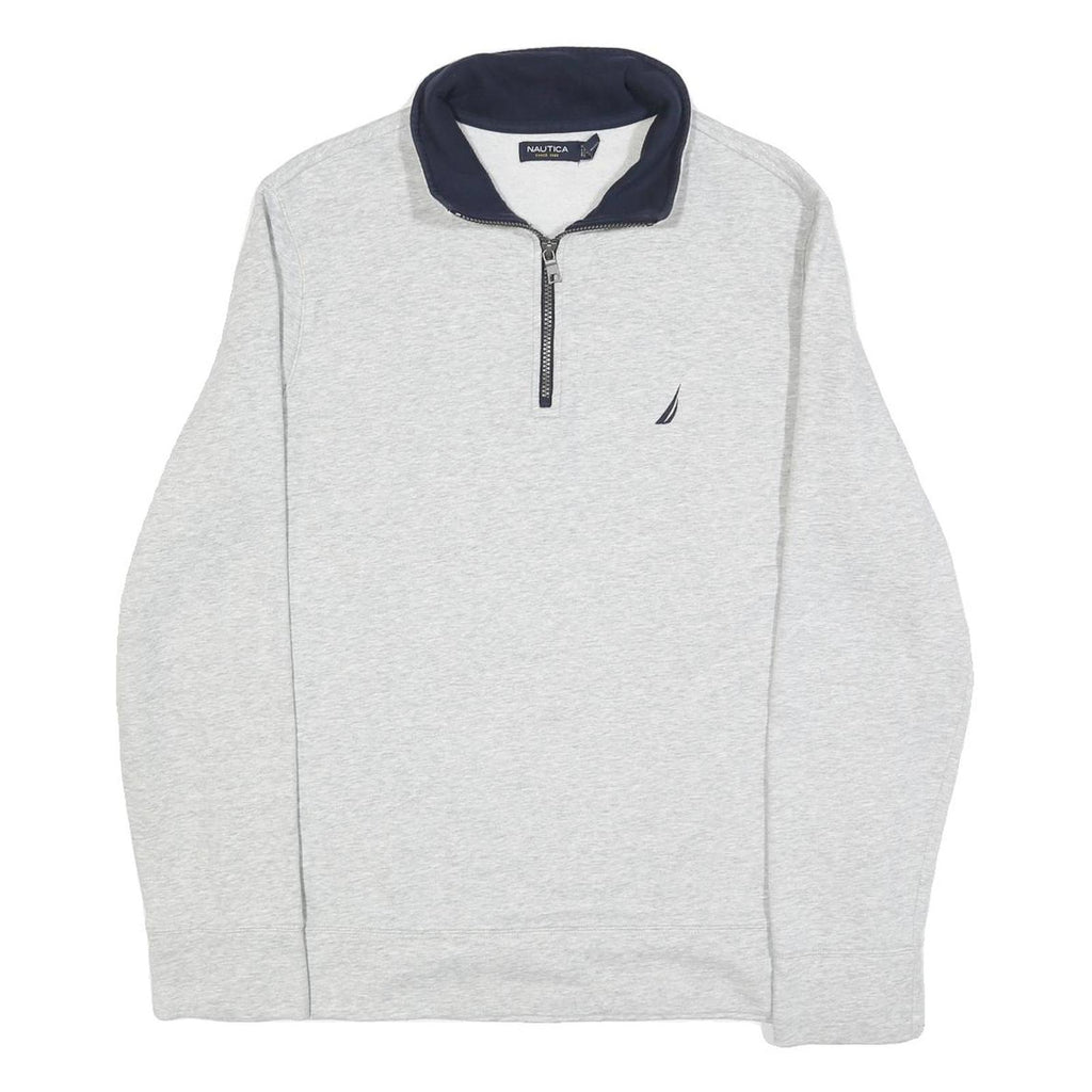 NAUTICA Mens Grey & Navy Quarter Zip Sweatshirt L Cotton Blend Pullover Casual