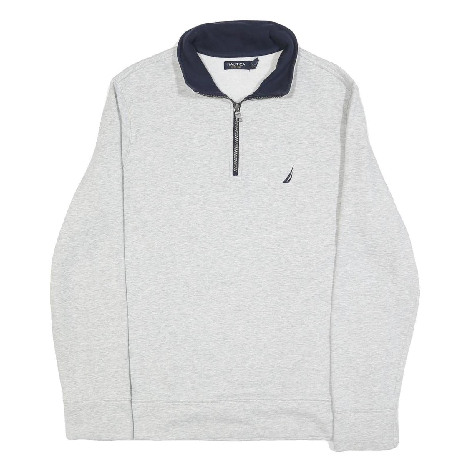 NAUTICA Mens Grey & Navy Quarter Zip Sweatshirt L Cotton Blend Pullover Casual