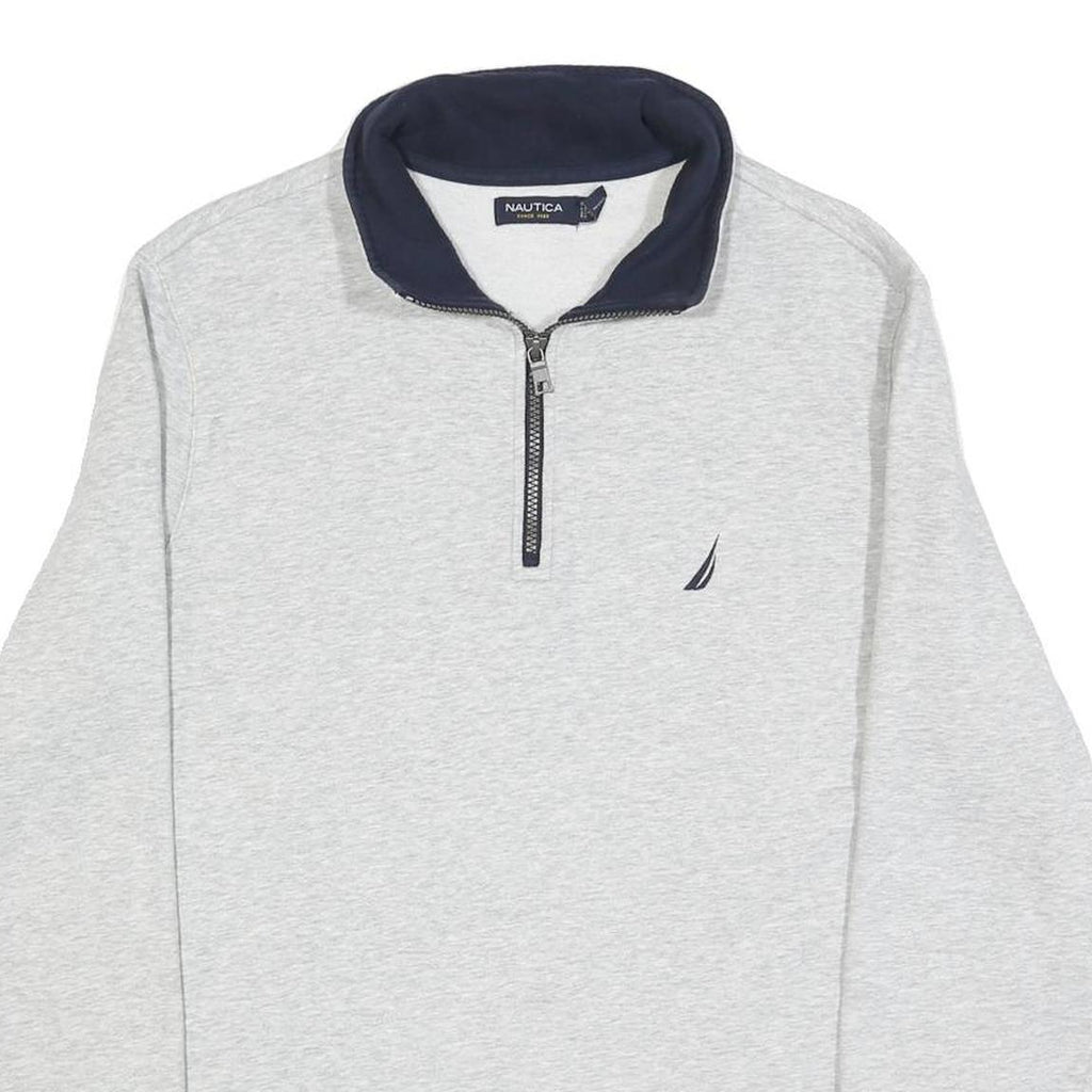 NAUTICA Mens Grey & Navy Quarter Zip Sweatshirt L Cotton Blend Pullover Casual