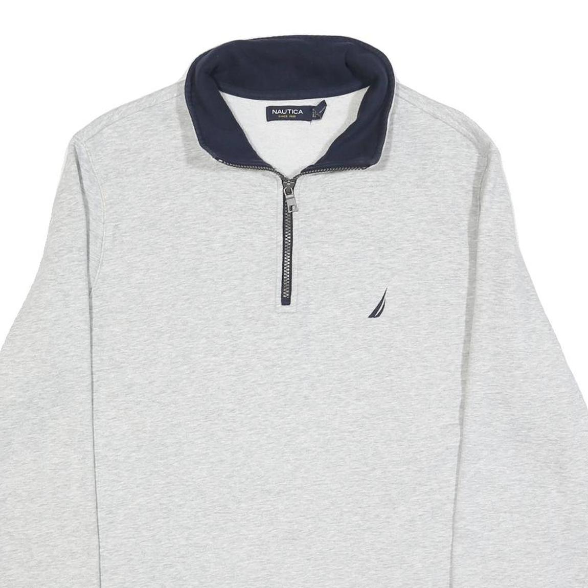 NAUTICA Mens Grey & Navy Quarter Zip Sweatshirt L Cotton Blend Pullover Casual
