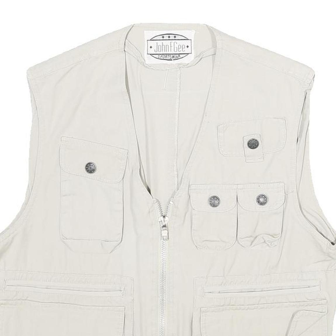 JOHN F GEE Mens Beige Cotton Sleeveless Jacket S Multi Pocket Zip Up Casual Vest