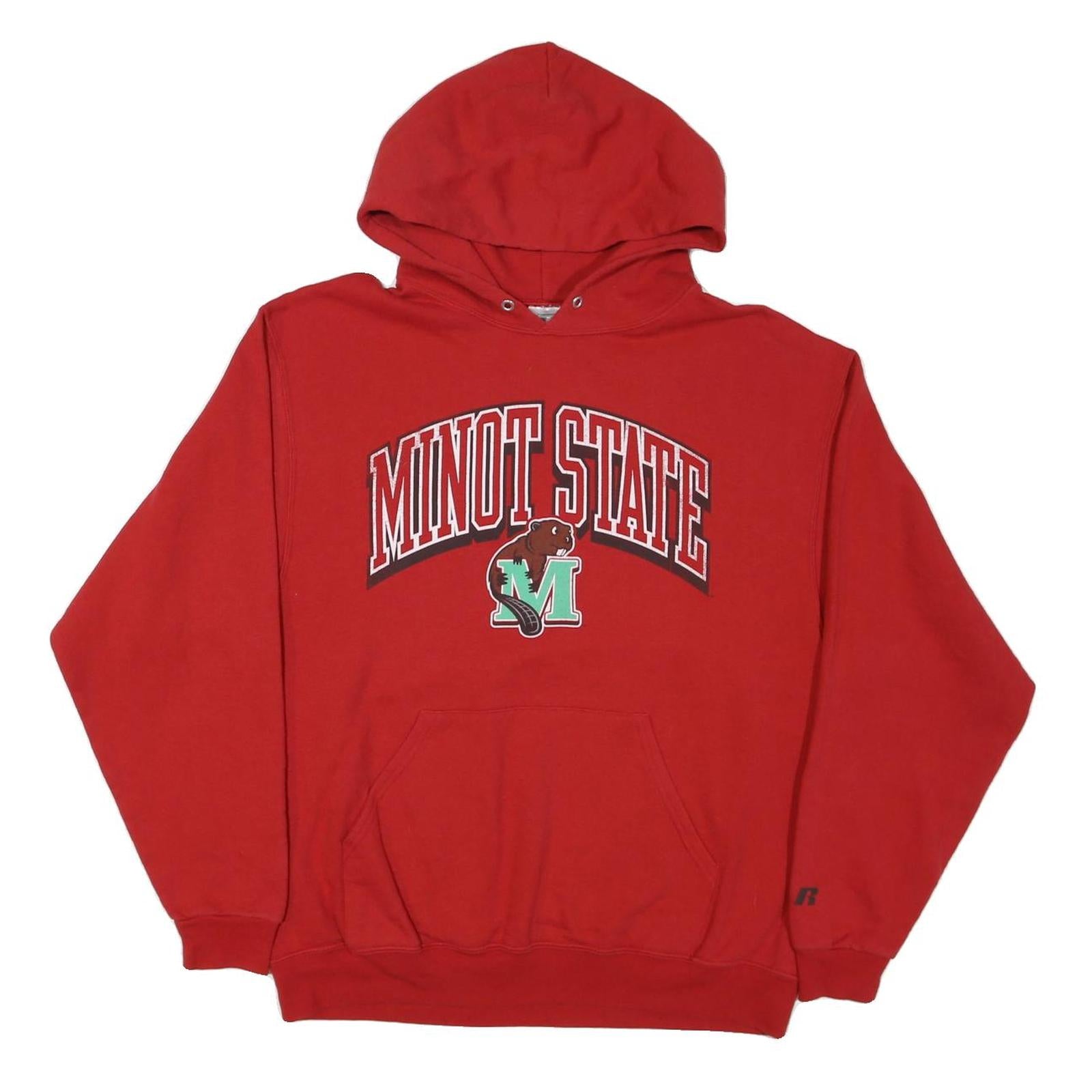 RUSSELL ATHLETIC Mens Red Minot State Pullover Hoodie L College Logo