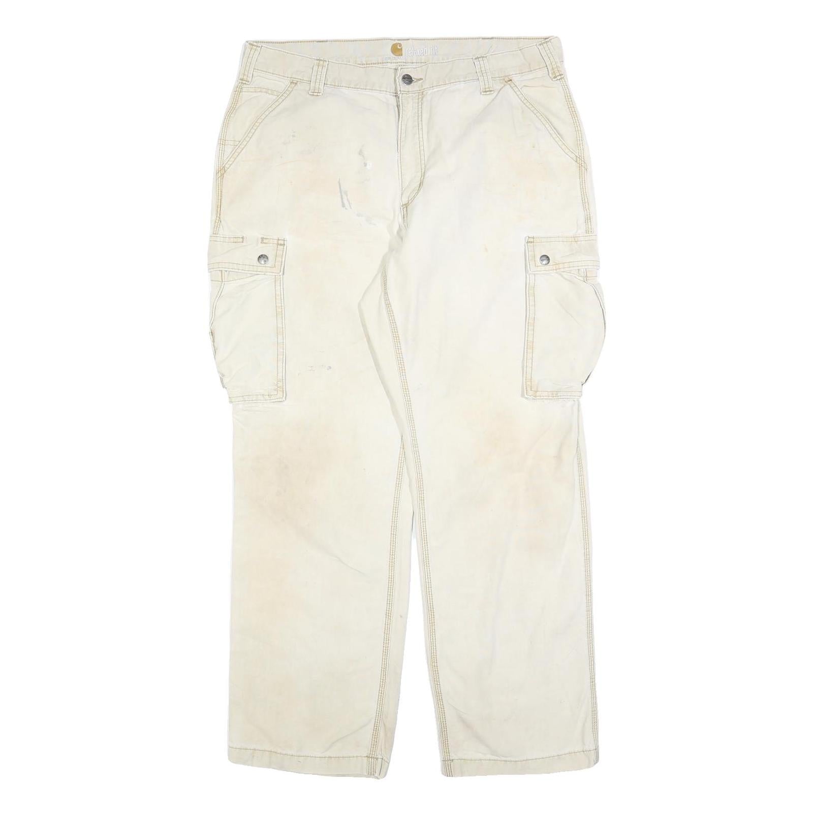 CARHARTT Mens Cotton Blend Cream Relaxed Cargo Trousers W38 L32 Workwear