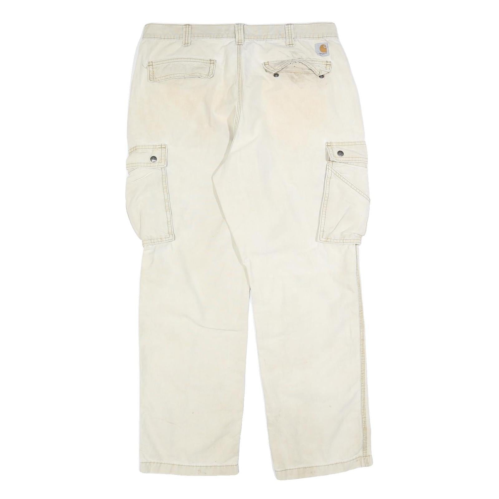 CARHARTT Mens Cotton Blend Cream Relaxed Cargo Trousers W38 L32 Workwear