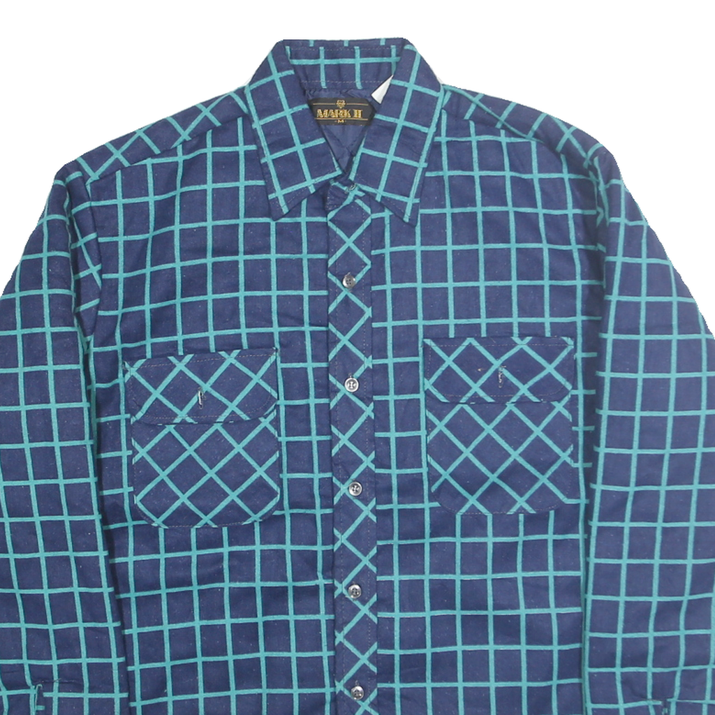 MARK II Mens Blue & Teal Check Shirt M Cotton Blend Long Sleeve Button Front