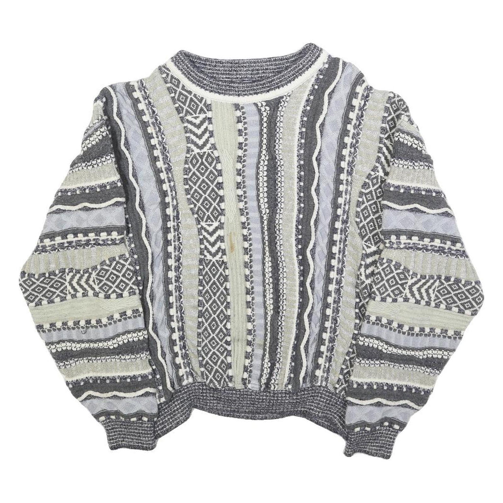 Womens Grey & Cream Patterned Cotton Blend Jumper Crew Neck Chunky Knit M Casual