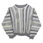 Womens Grey & Cream Patterned Cotton Blend Jumper Crew Neck Chunky Knit M Casual