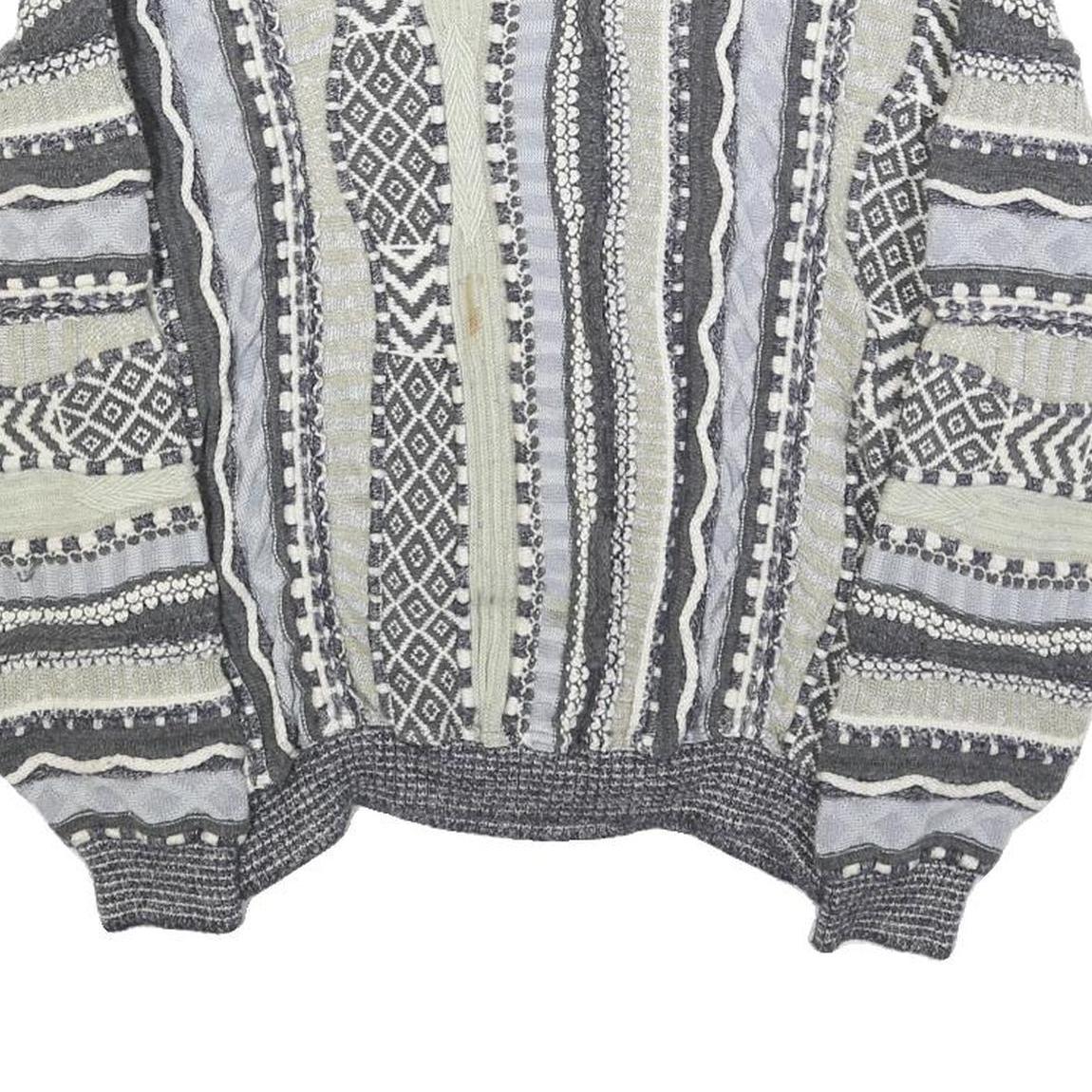 Womens Grey & Cream Patterned Cotton Blend Jumper Crew Neck Chunky Knit M Casual