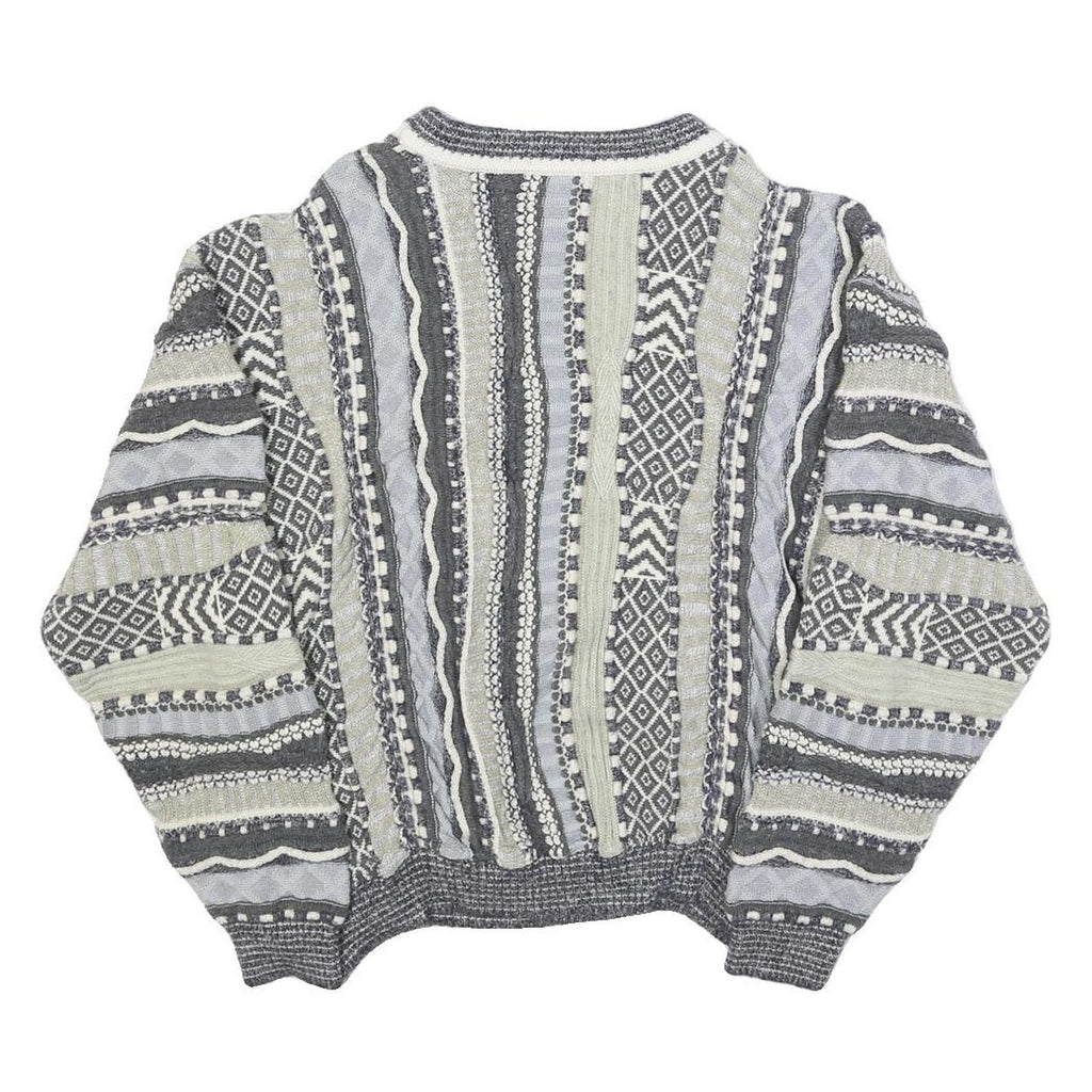 Womens Grey & Cream Patterned Cotton Blend Jumper Crew Neck Chunky Knit M Casual