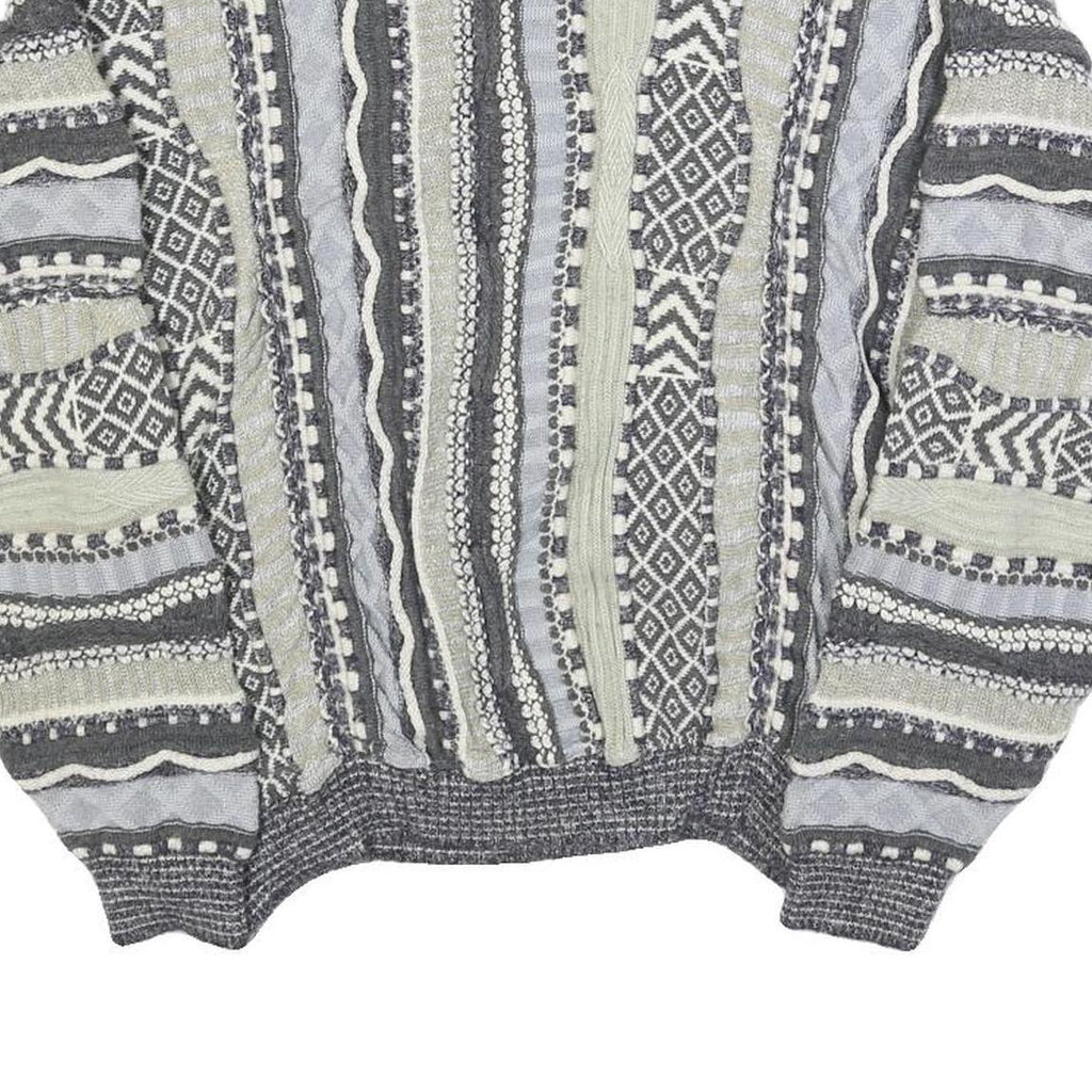 Womens Grey & Cream Patterned Cotton Blend Jumper Crew Neck Chunky Knit M Casual