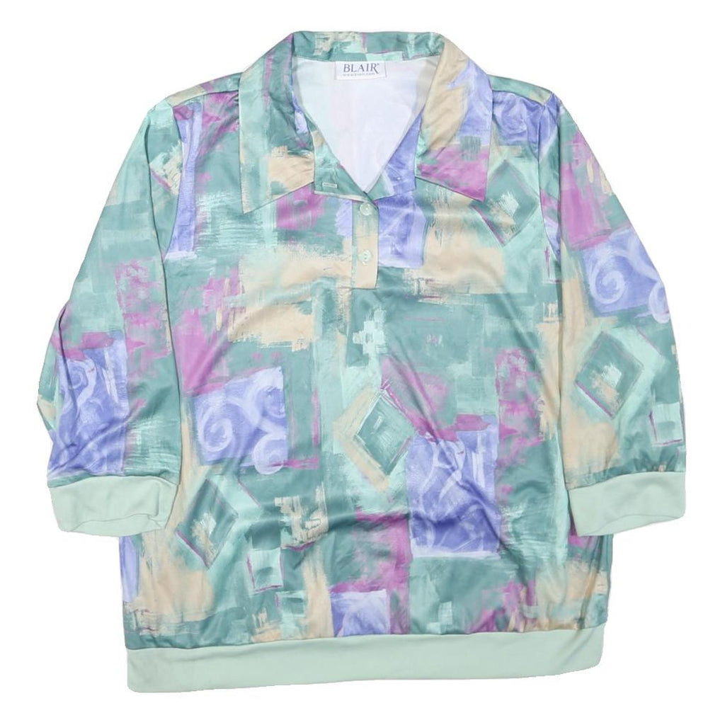 BLAIR Womens Green & Purple Printed Polo Shirt Long Sleeve Collared L Relaxed