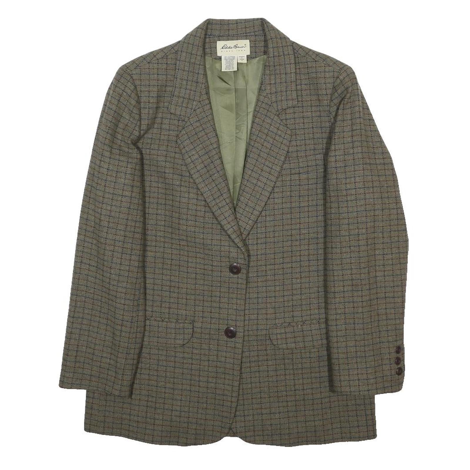 EDDIE BAUER Womens Grey Checked Wool Blazer Jacket M Woven Classic Button