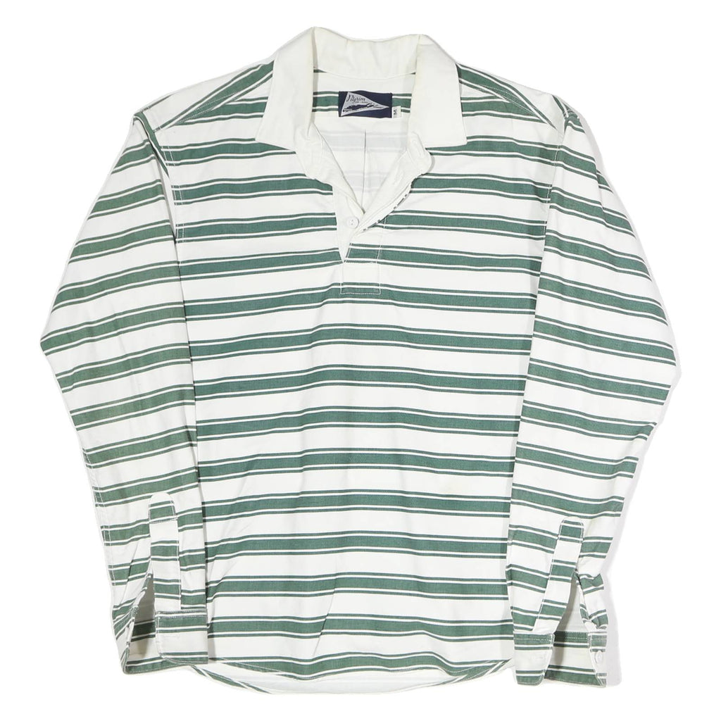 PILGRIM Mens White & Green Striped Long Sleeve Polo Shirt M Cotton Classic Fit