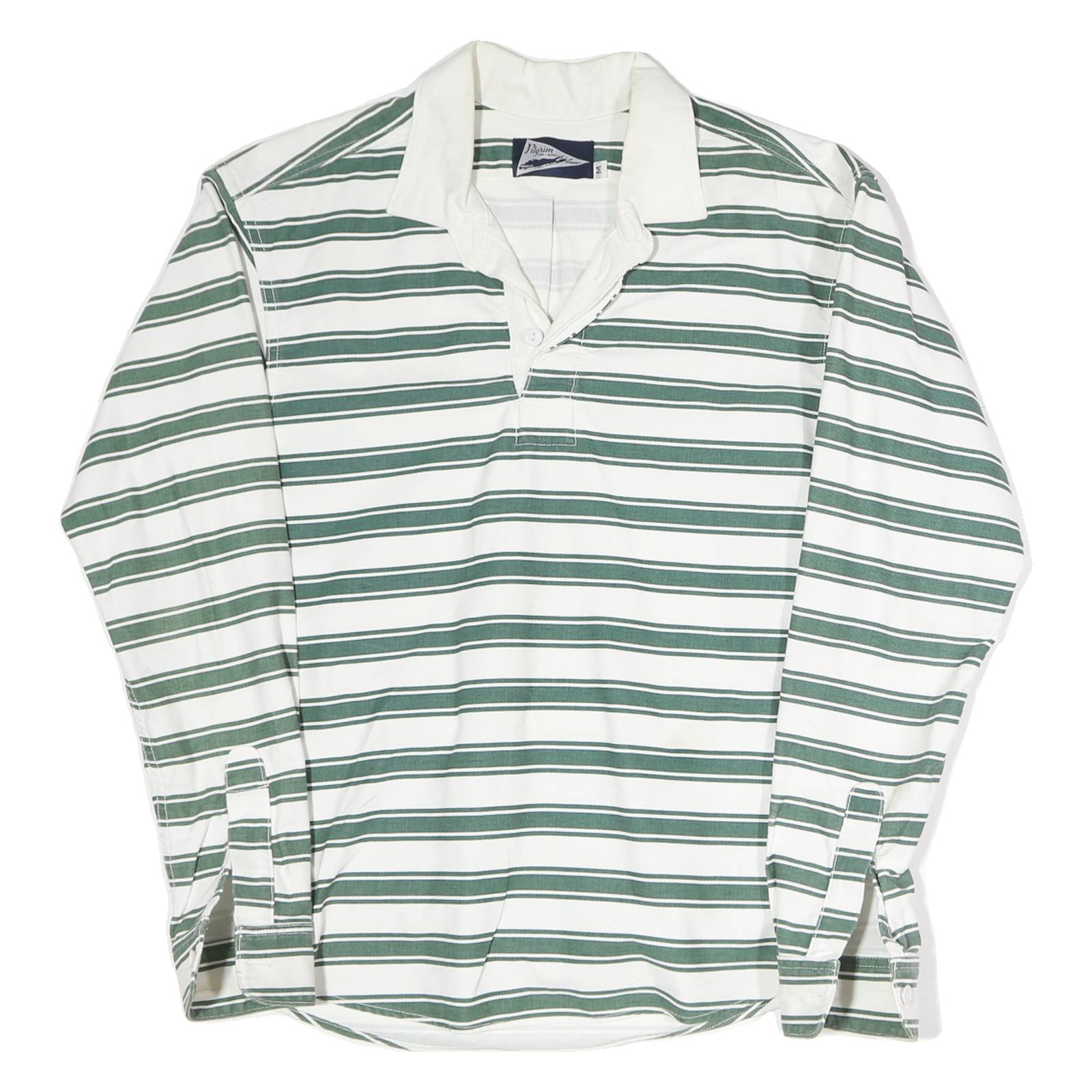 PILGRIM Mens White & Green Striped Long Sleeve Polo Shirt M Cotton Classic Fit