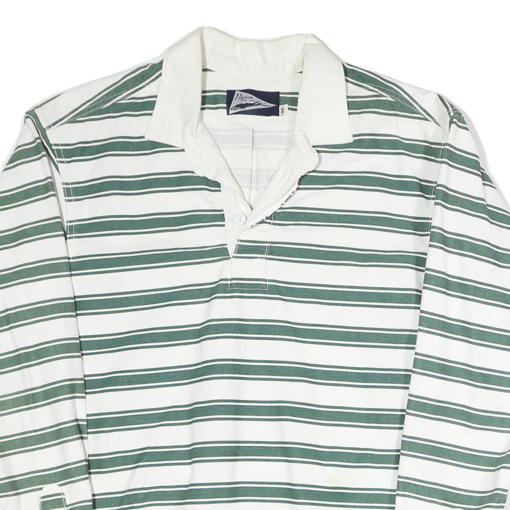 PILGRIM Mens White & Green Striped Long Sleeve Polo Shirt M Cotton Classic Fit