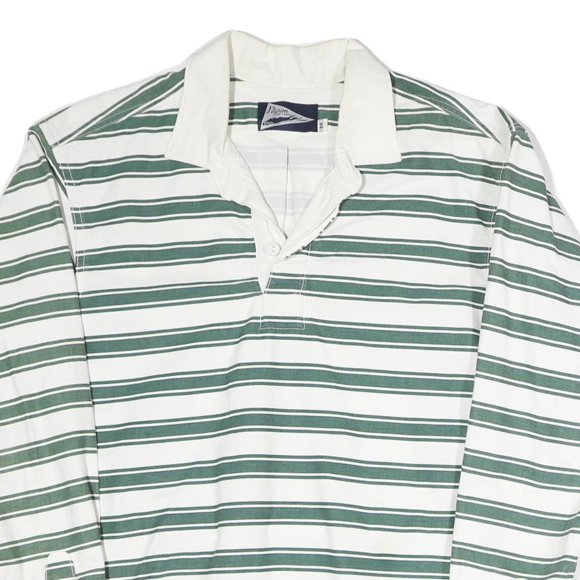 PILGRIM Mens White & Green Striped Long Sleeve Polo Shirt M Cotton Classic Fit