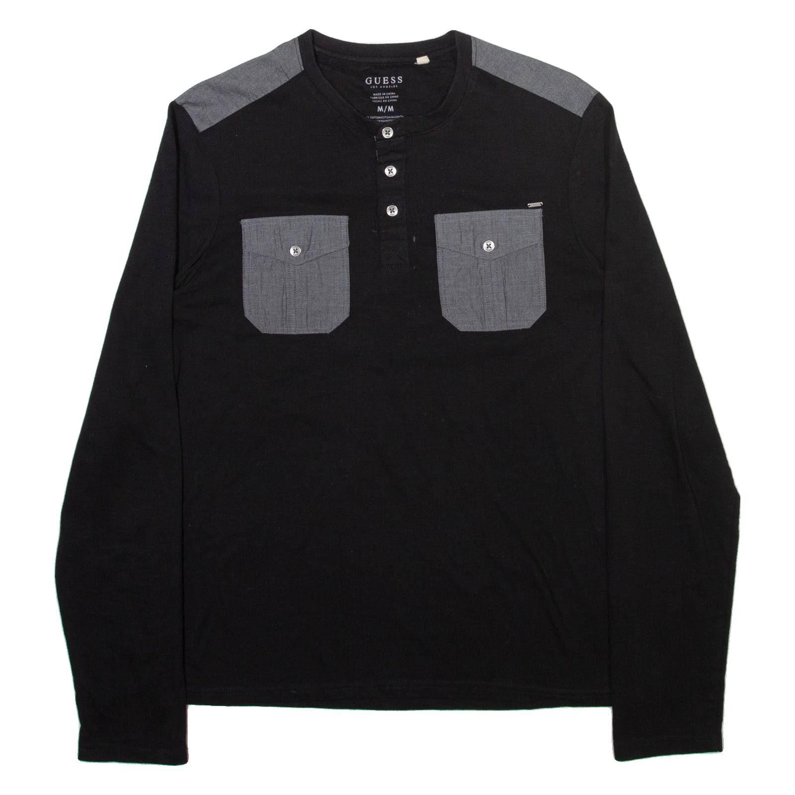 GUESS Mens T-Shirt Black Long Sleeve Button Neck M