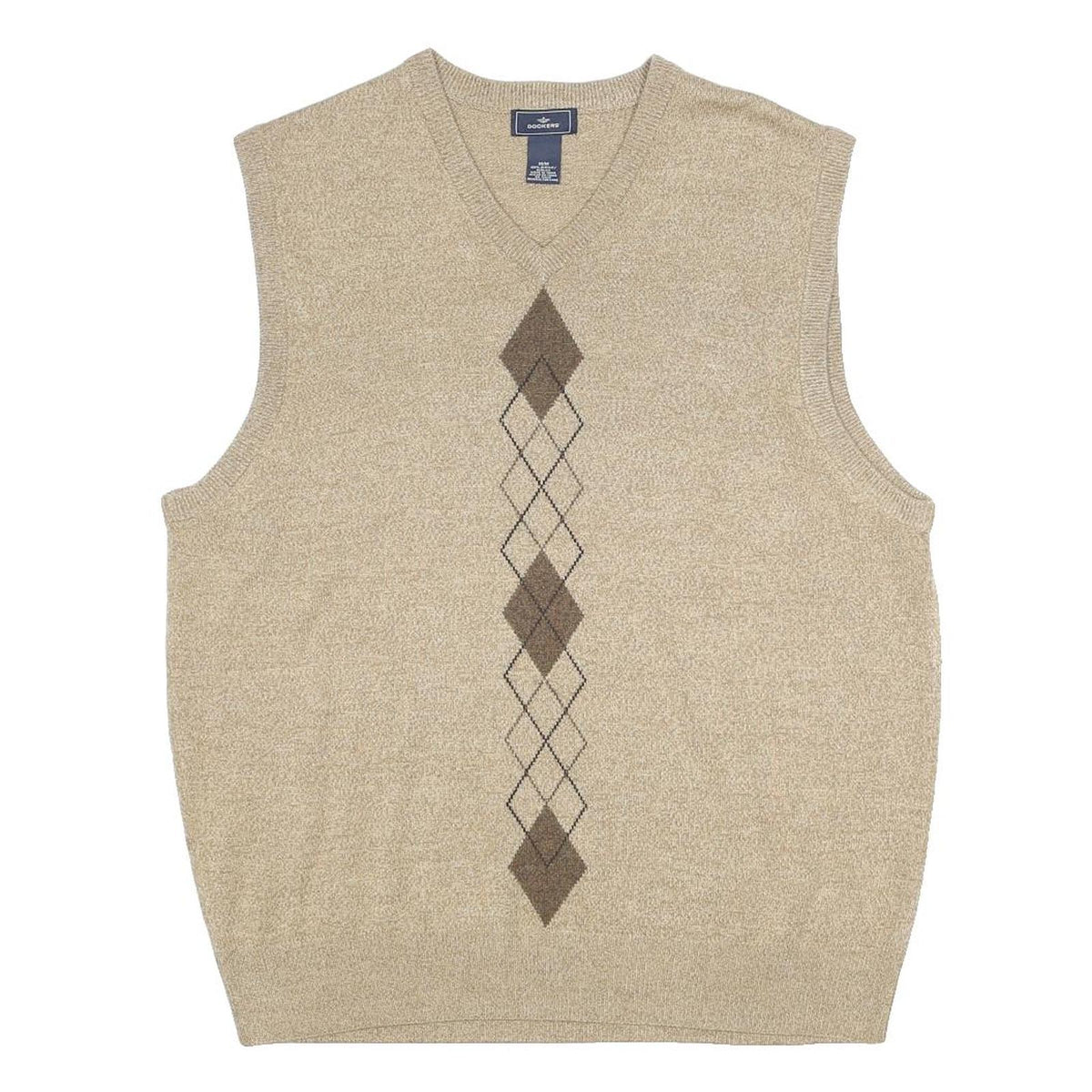 DOCKERS Mens Beige Argyle Pattern Sleeveless V-Neck Jumper Acrylic M Classic