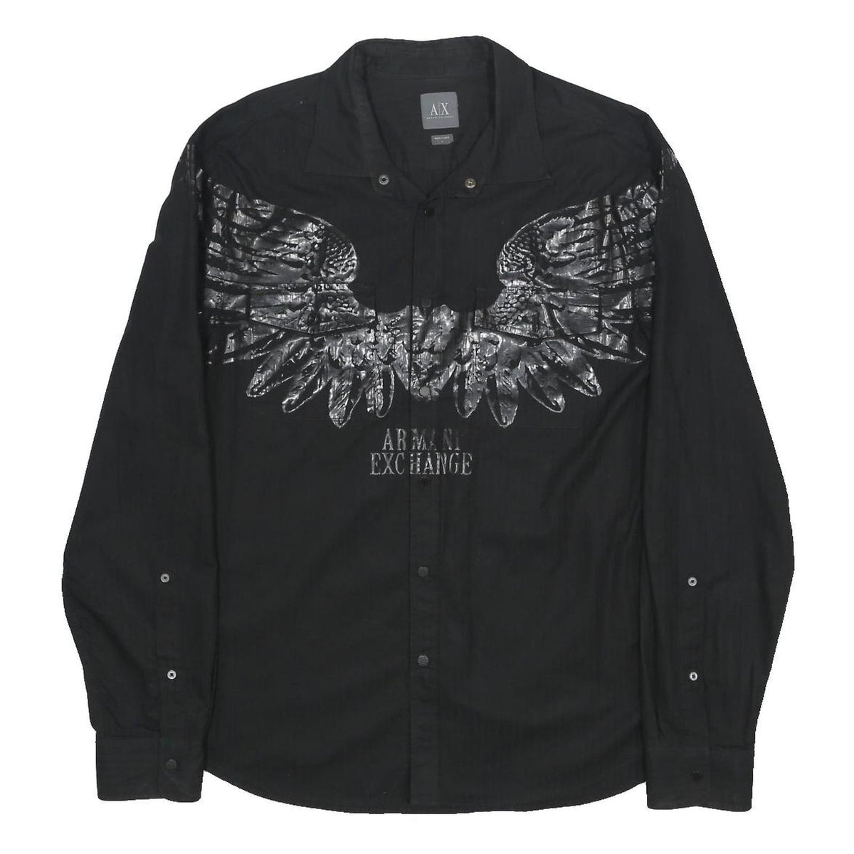 ARMANI EXCHANGE Mens Black Cotton Shirt L Wing Graphic Long Sleeve Button