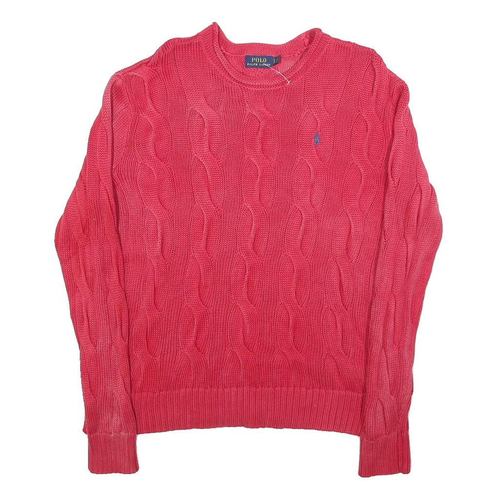 POLO RALPH LAUREN Womens Pink Cable Knit Cotton Blend Jumper S Crew Neck