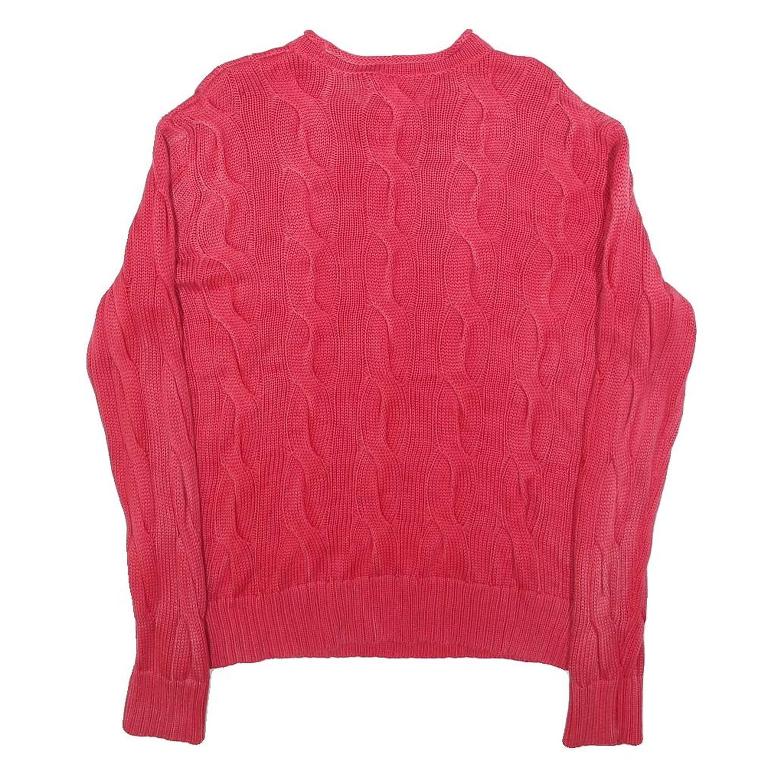 POLO RALPH LAUREN Womens Pink Cable Knit Cotton Blend Jumper S Crew Neck