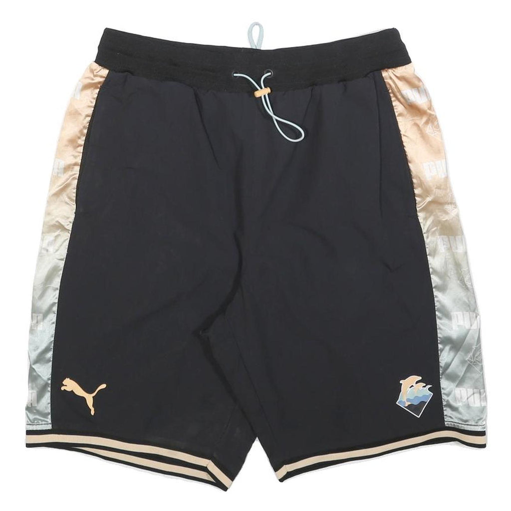 PUMA Mens Black & Gold Casual Drawstring Shorts L W34 Sports Logo