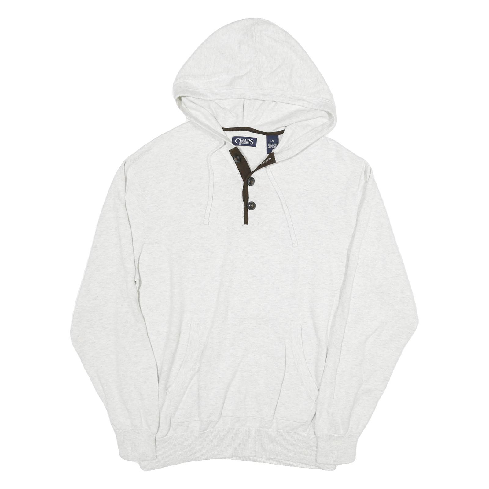 CHAPS Mens White Hoodie Pullover L Button Neck Hooded Cotton Blend Jumper