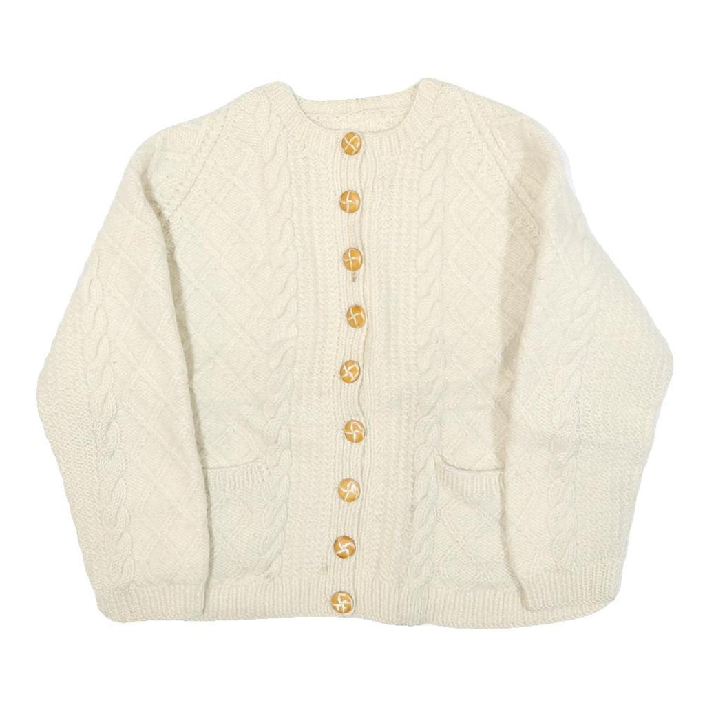 Womens Cream Cable Knit Wool Patterned Jumper Round Neck Button Up XS Wool