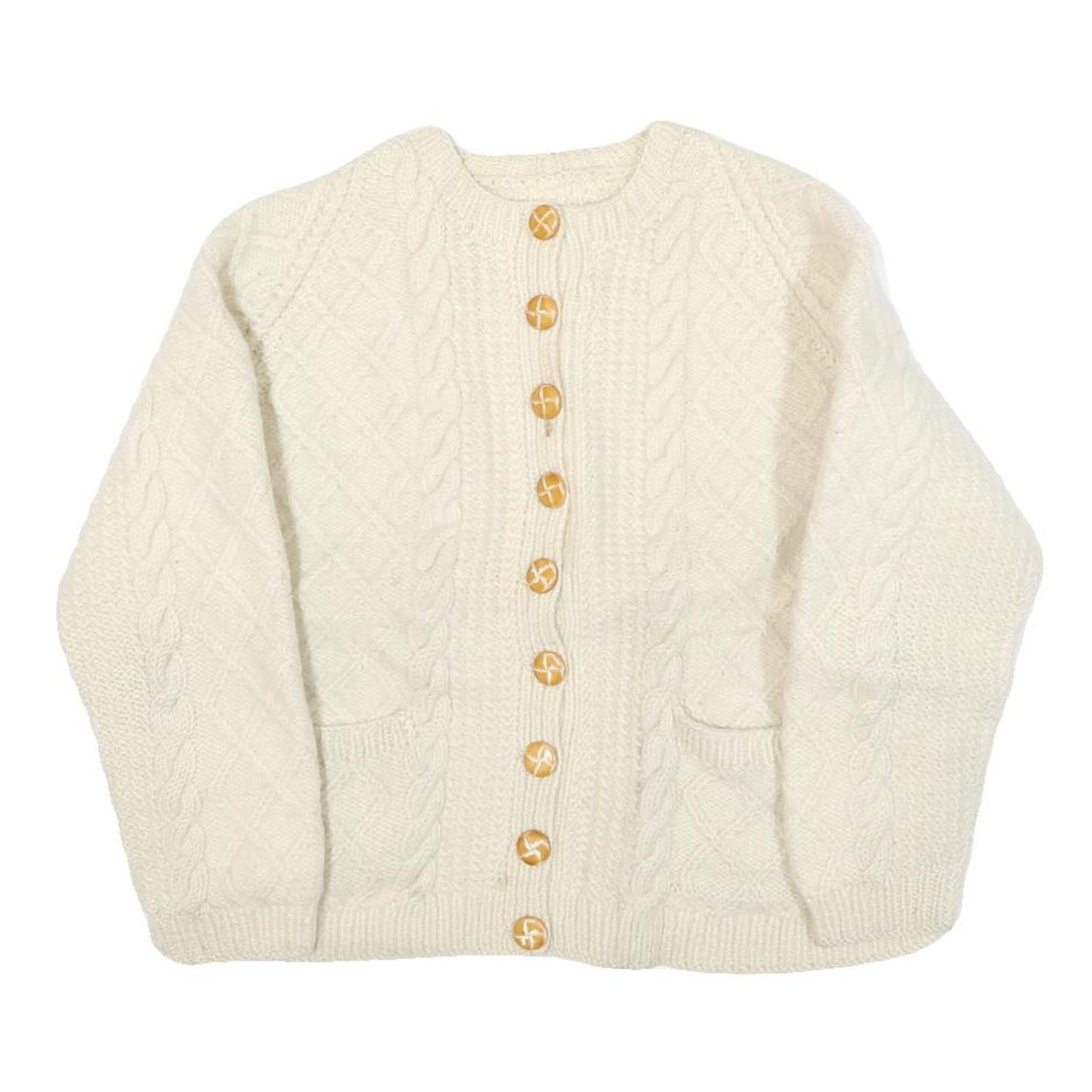 Womens Cream Cable Knit Wool Patterned Jumper Round Neck Button Up XS Wool