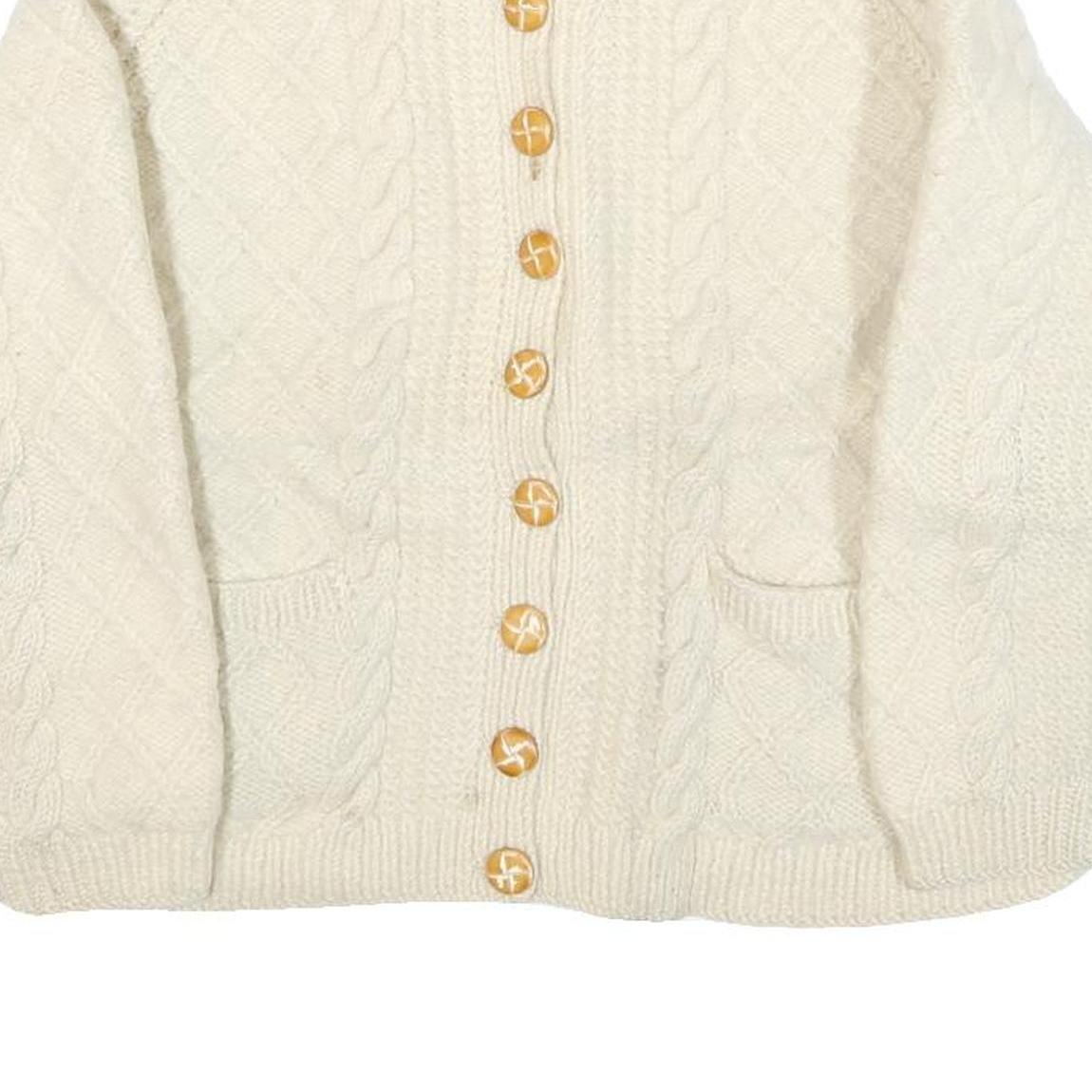 Womens Cream Cable Knit Wool Patterned Jumper Round Neck Button Up XS Wool