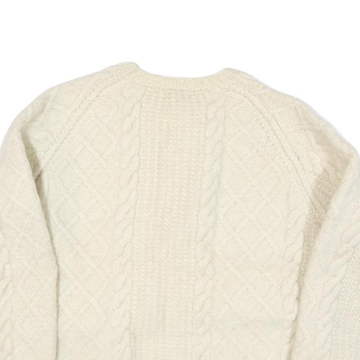 Womens Cream Cable Knit Wool Patterned Jumper Round Neck Button Up XS Wool