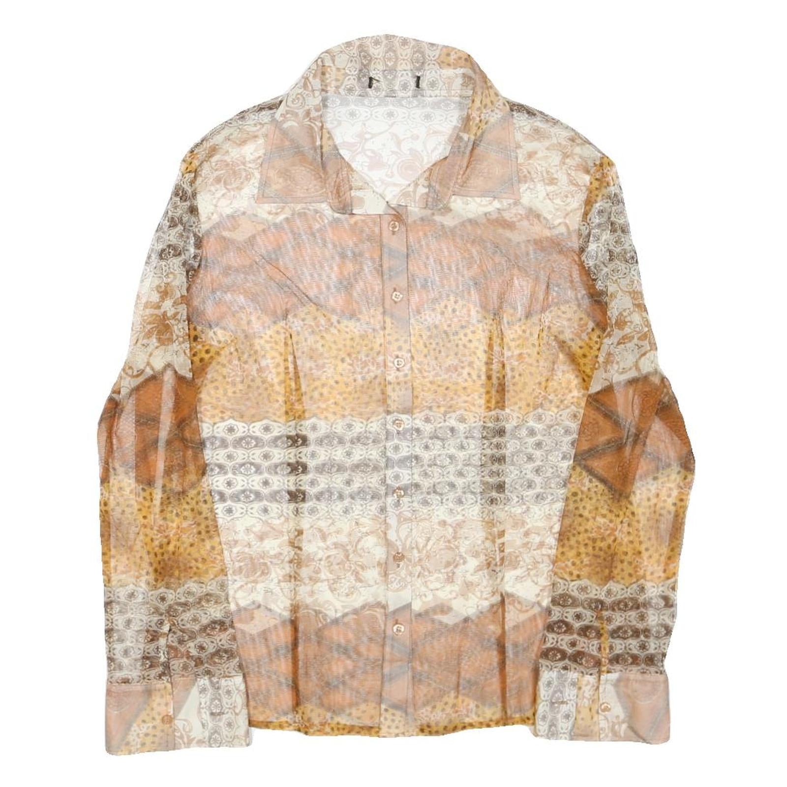 Womens Beige Printed Shirt Long Sleeve Collared XL Stylish Polyester Blend Top